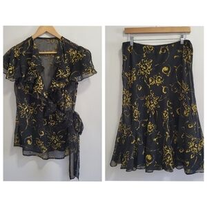Lauren Ralph Lauren Black and Gold Chiffon Skirt and Wrap Top Set Size Medium